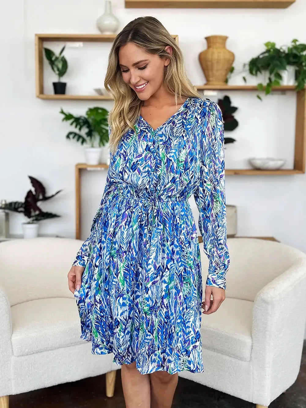 Double Take Full Size Printed Drawstring Waist Long Sleeve Dress by Double Take
