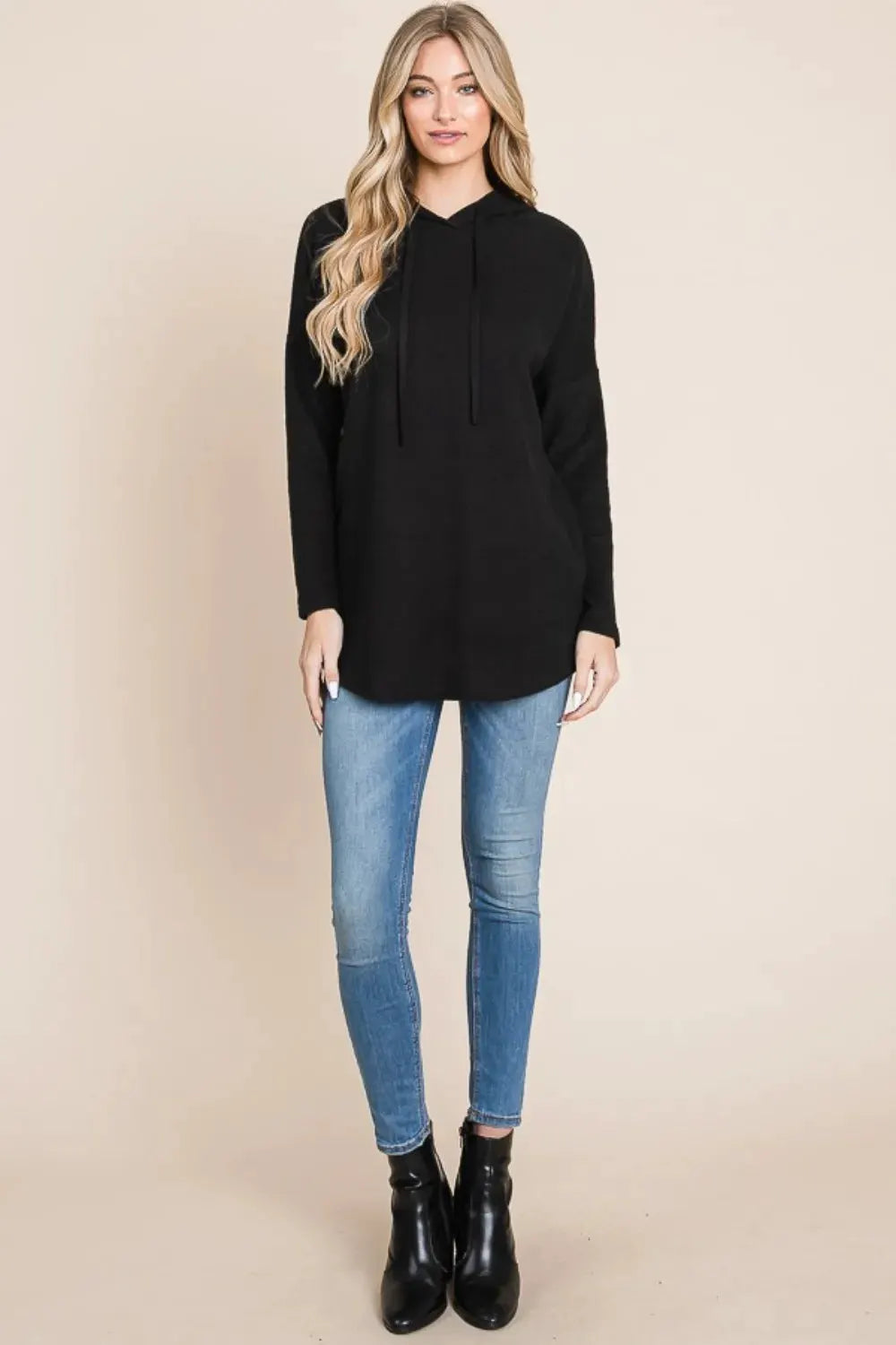 BOMBOM Contrast Drawstring Drop Shoulder Knit Hoodie by BOMBOM