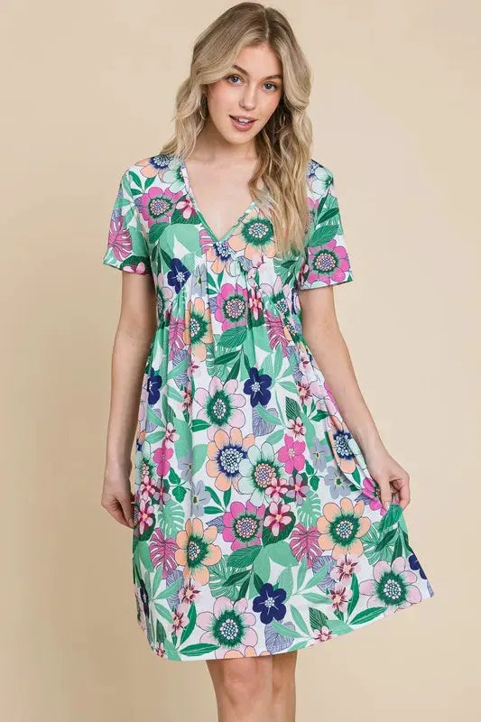 BOMBOM Ruched Floral V-Neck Short Sleeve Dress by BOMBOM