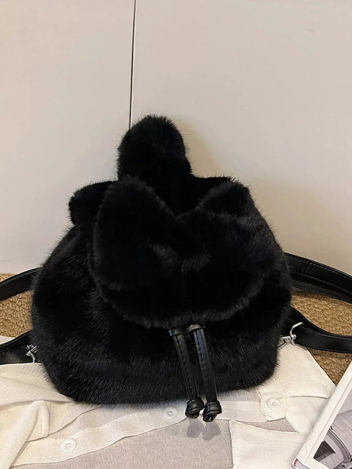 Fuzzy Plush Drawstring Backpack Bag by Partner Label