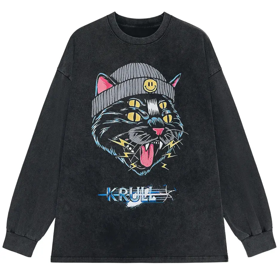 Hip Hop Oversized Cat Graphic T-Shirt Washed Cotton Streetwear Harajuku Tee by Vimost Shop