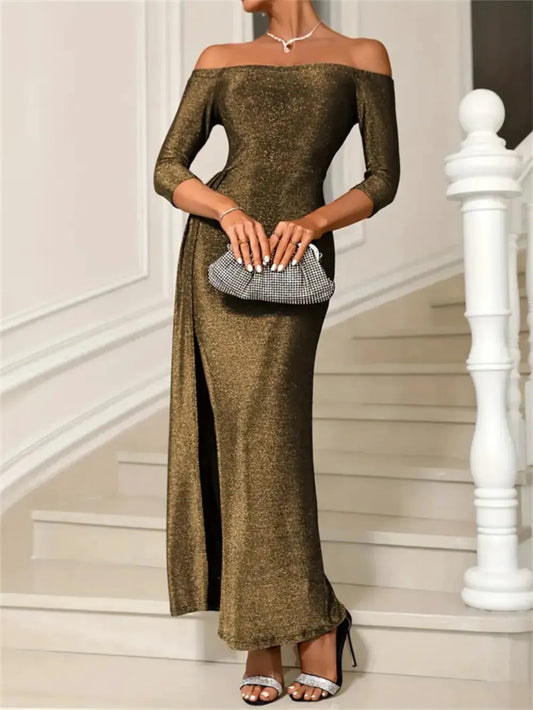 Slit Off-Shoulder Long Sleeve Midi Dress by Partner Label