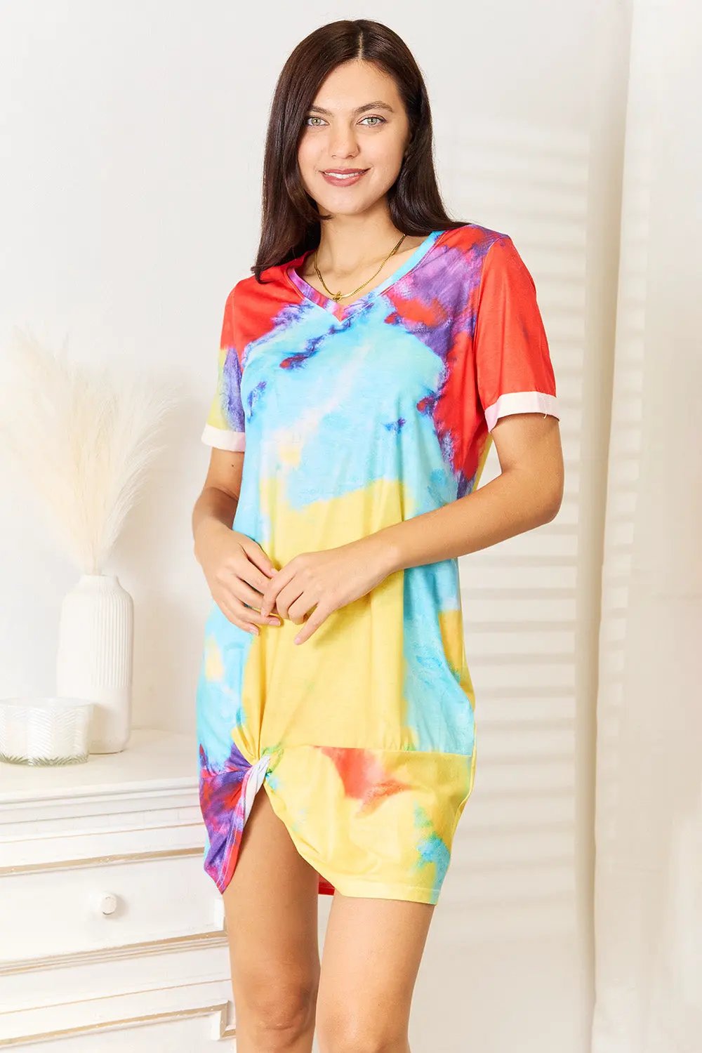 Shiny Tie-Dye V-Neck Twisted Dress by Double Take