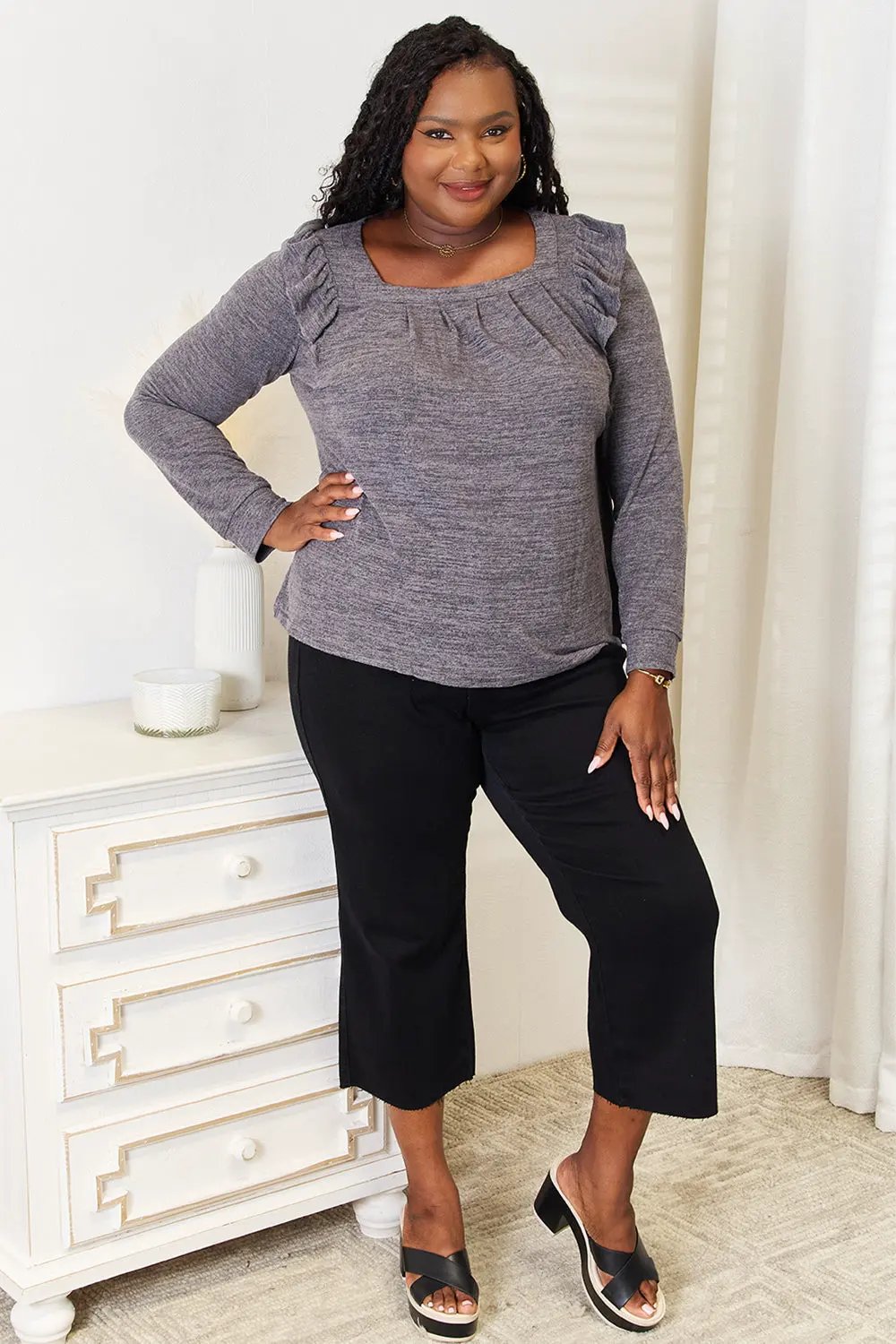 Double Take Square Neck Ruffle Shoulder Long Sleeve T-Shirt by Double Take