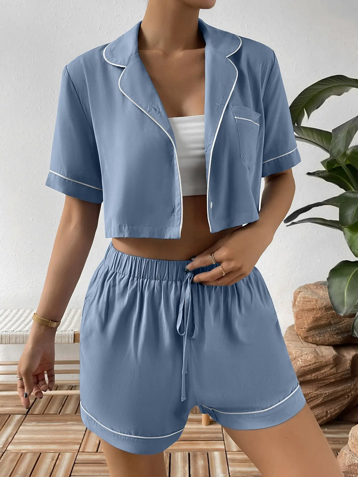 Ivy Lane Contrast Lapel Collar Cropped Shirt and Shorts Lounge Set by Ivy Lane