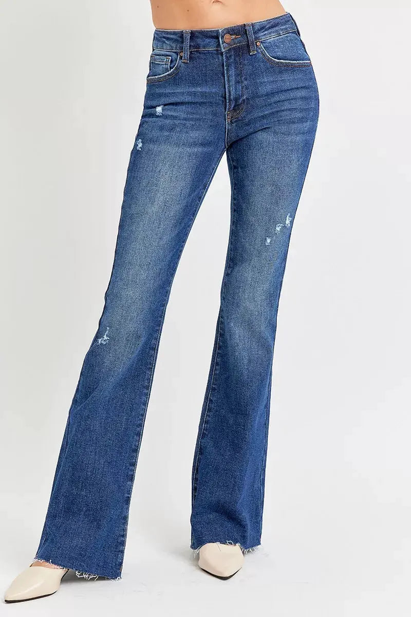 RISEN Full Size Distressed Mid Rise Flare Jeans Plus Size by RISEN