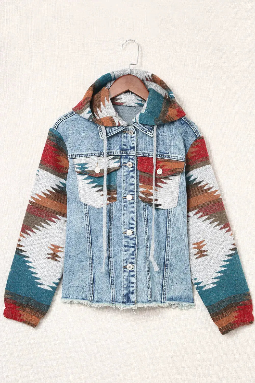 Drawstring Hooded Pocketed Denim Jacket by Partner Label
