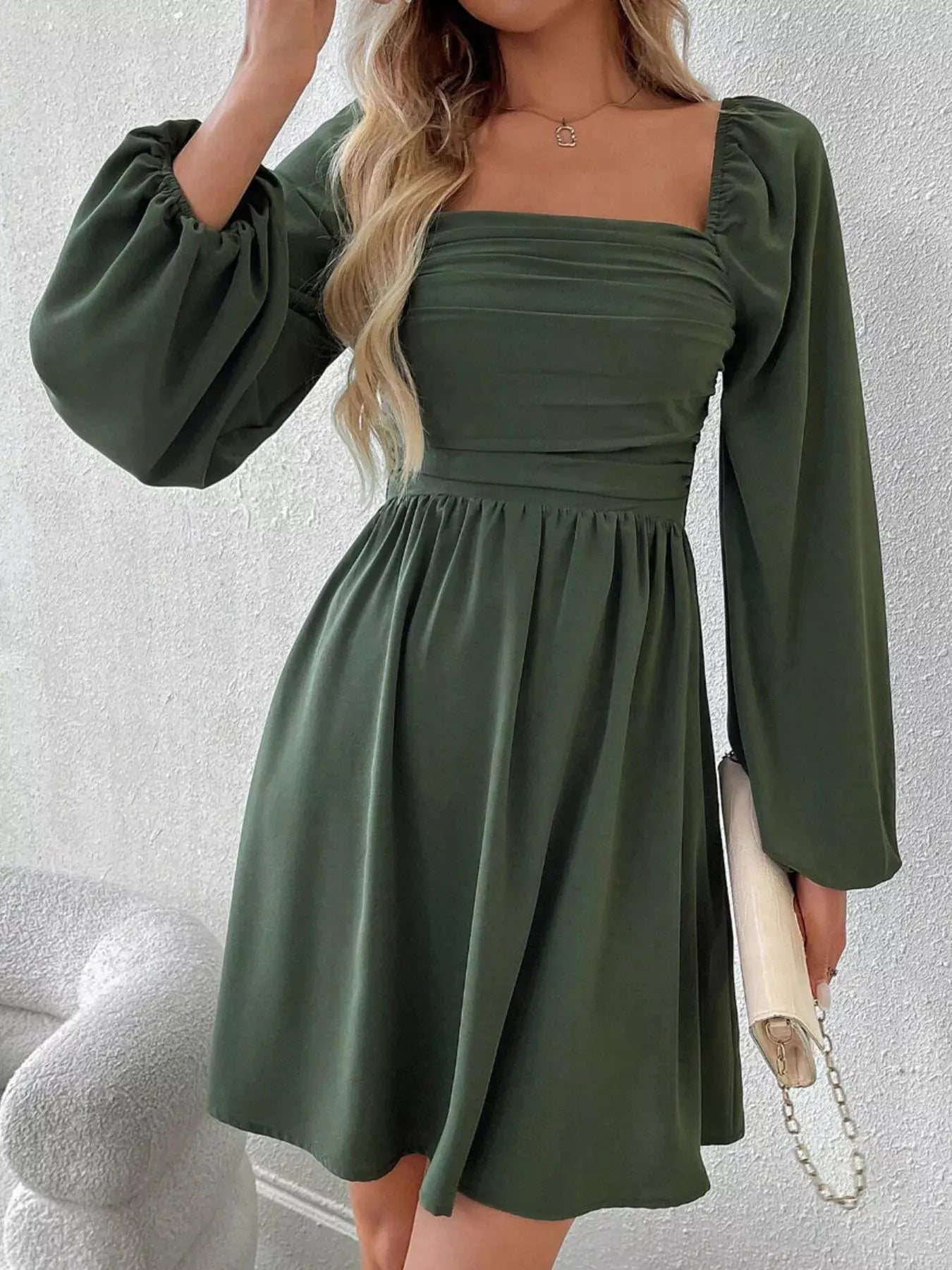 Ruched Square Neck Long Sleeve A-Line Dress by Partner Label