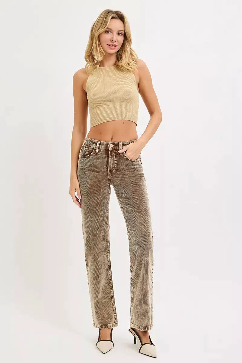 RISEN Tummy Control Mid Rise Straight Leg Corduroy Pants by RISEN