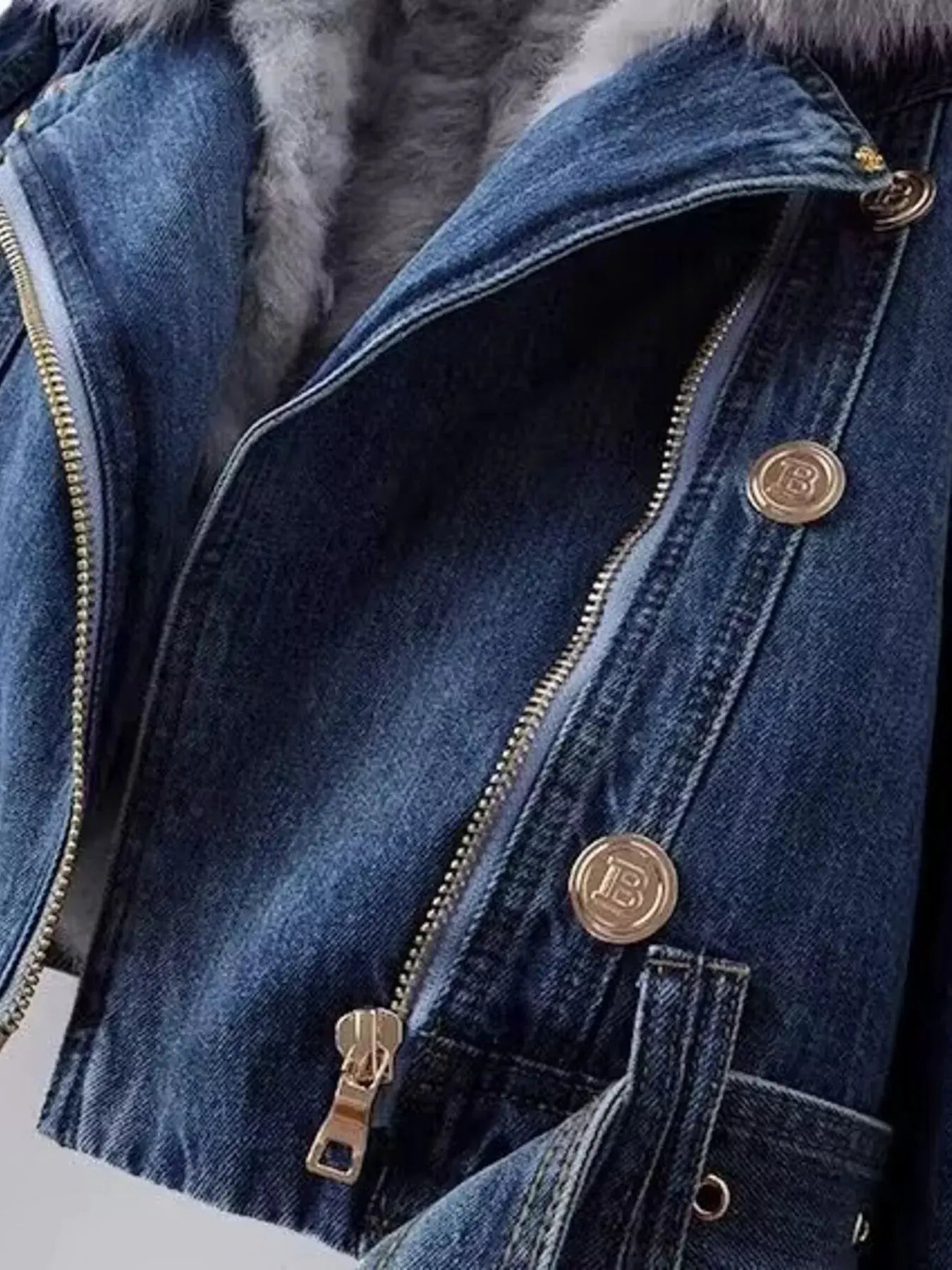 Full Size Faux Fur Collar Denim Jacket Plus Size by Partner Label