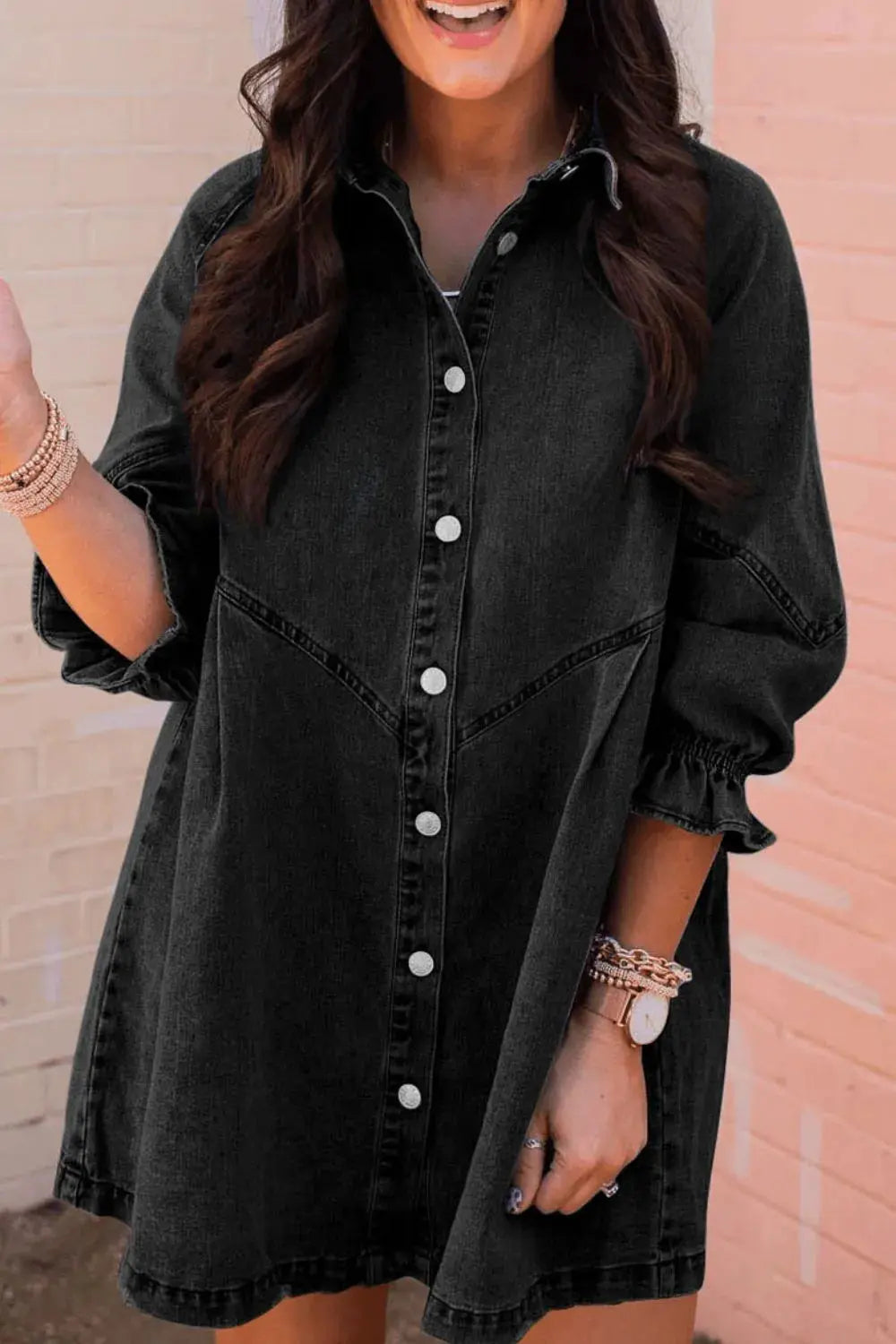Distressed Collared Neck Flounce Sleeve Denim Dress by Partner Label