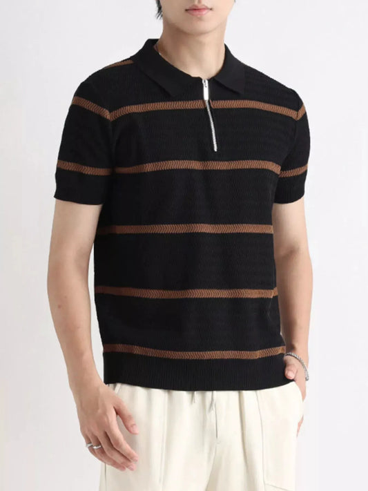 Men's Plus Size Striped Zip-Up Knit Polo by POL