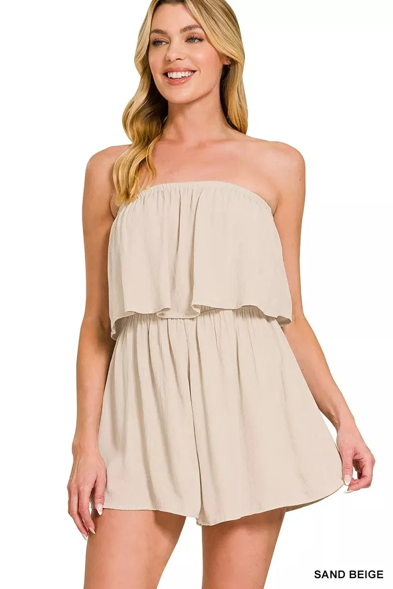 Zenana Woven Crinkle Strapless Rompers by Zenana