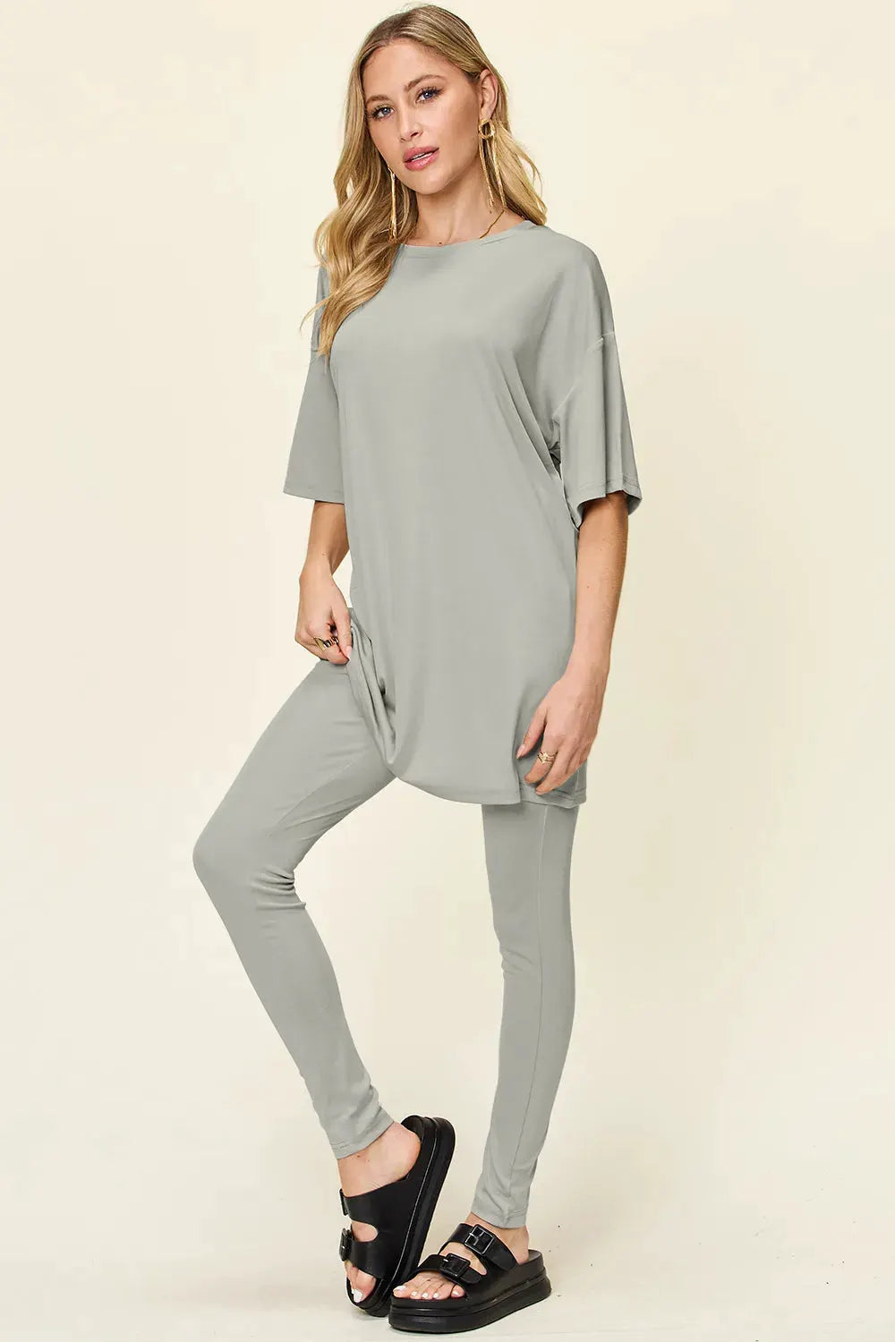 Double Take Full Size Round Neck Dropped Shoulder T-Shirt and Leggings Set by Double Take