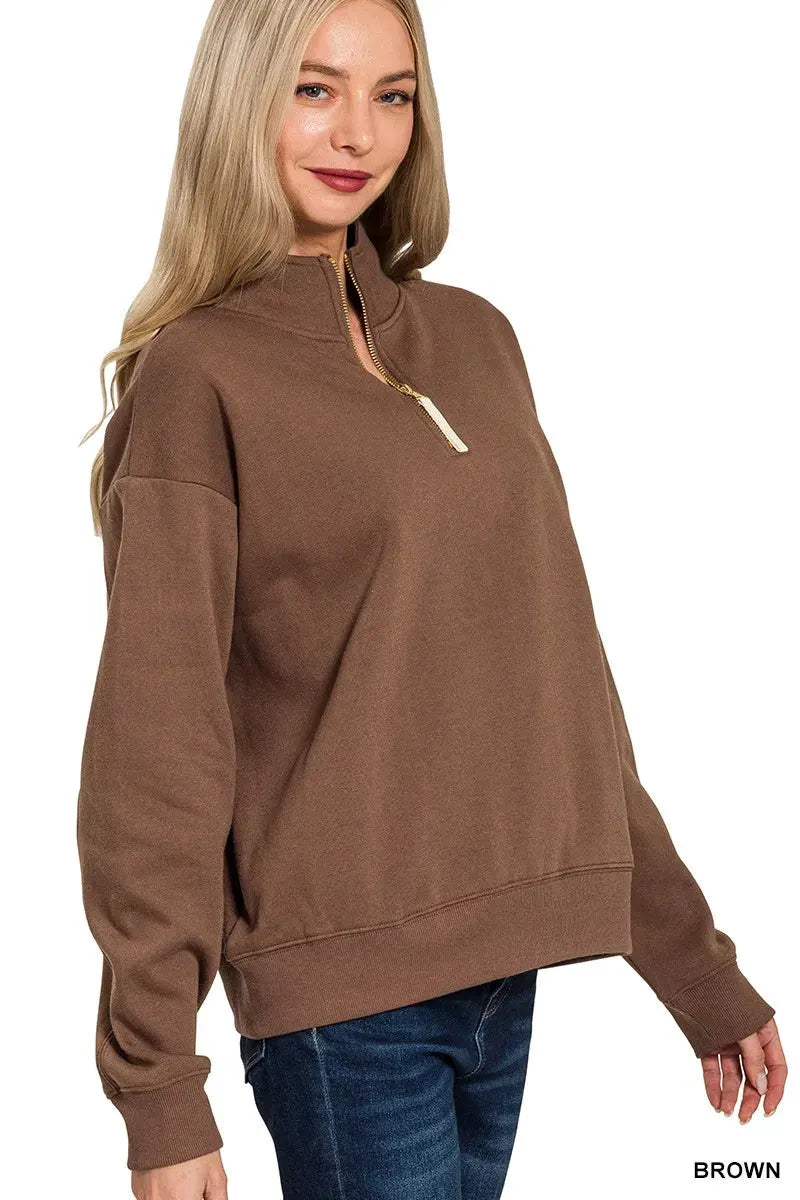 Zenana Fleece Half Zip Sweatshirt by Zenana