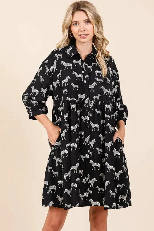 Mittoshop Zebra Print Button Down Shirt Mini Dress by Mittoshop