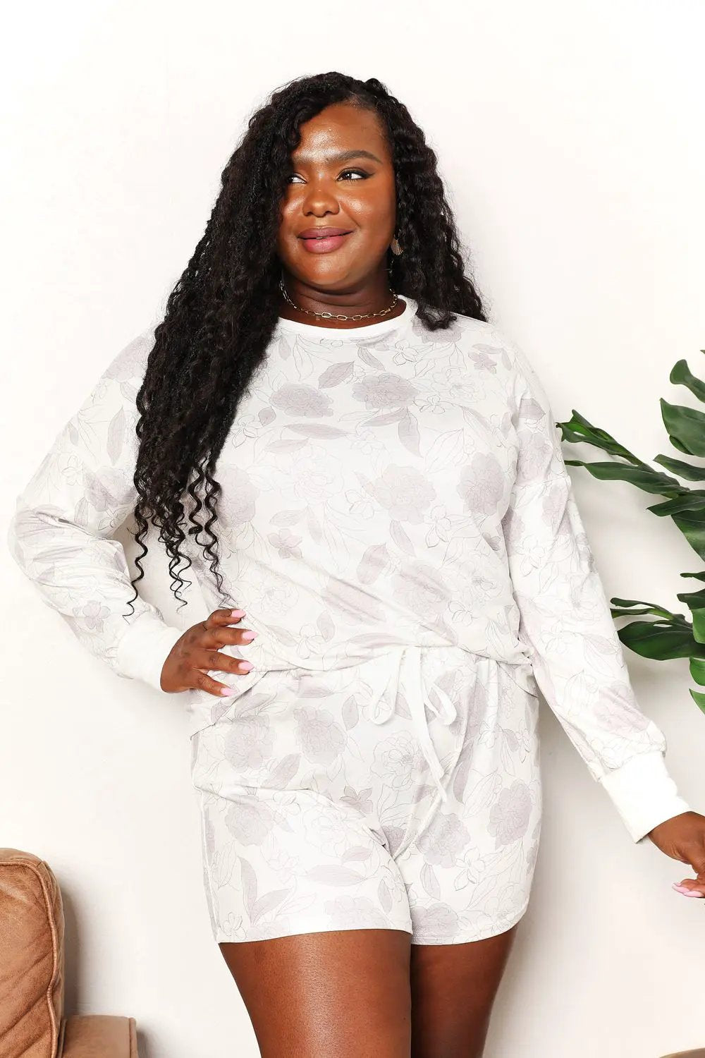 Double Take Floral Long Sleeve Top and Shorts Loungewear Set by Double Take