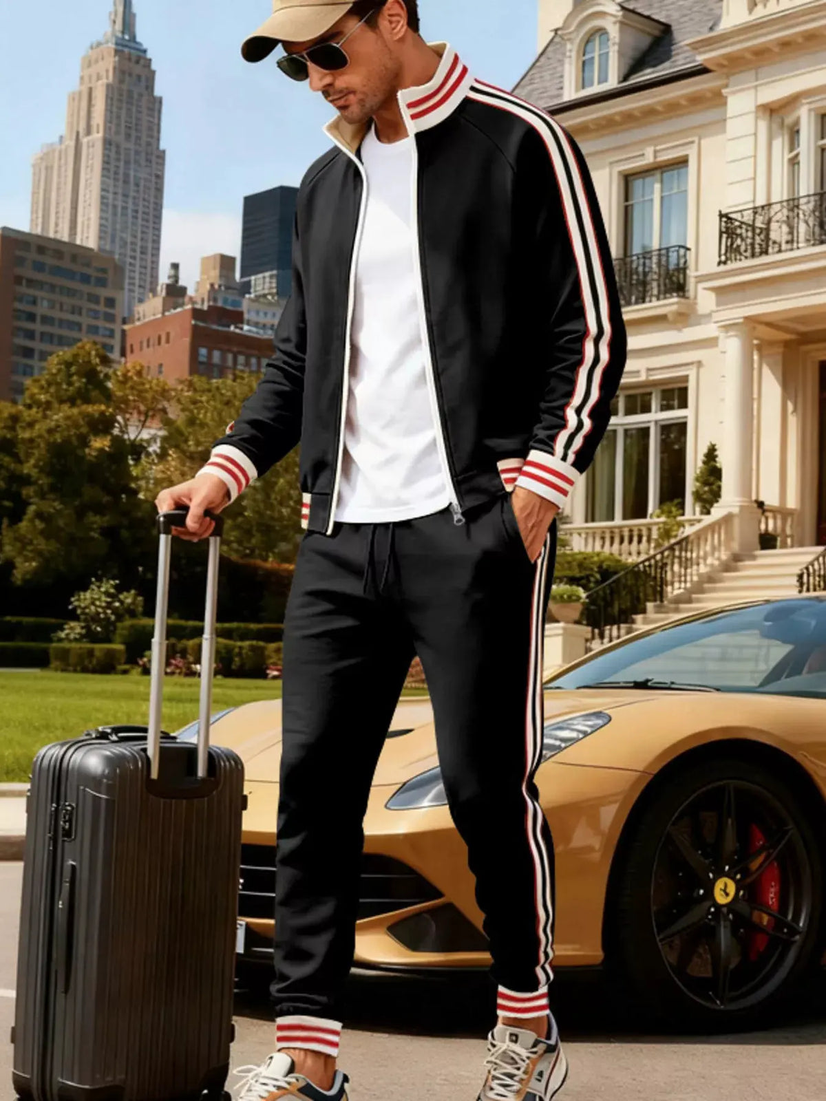 Men's Full Size Striped Zip Up Outerwear and Pants Plus Size by Partner Label