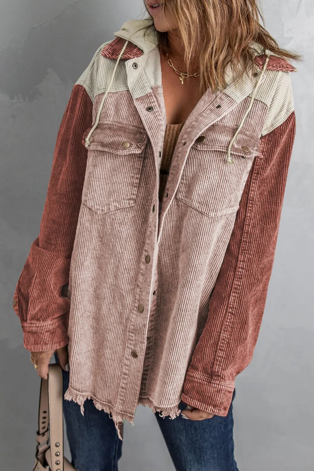 Snap Front Hooded Corduroy Shacket by Partner Label