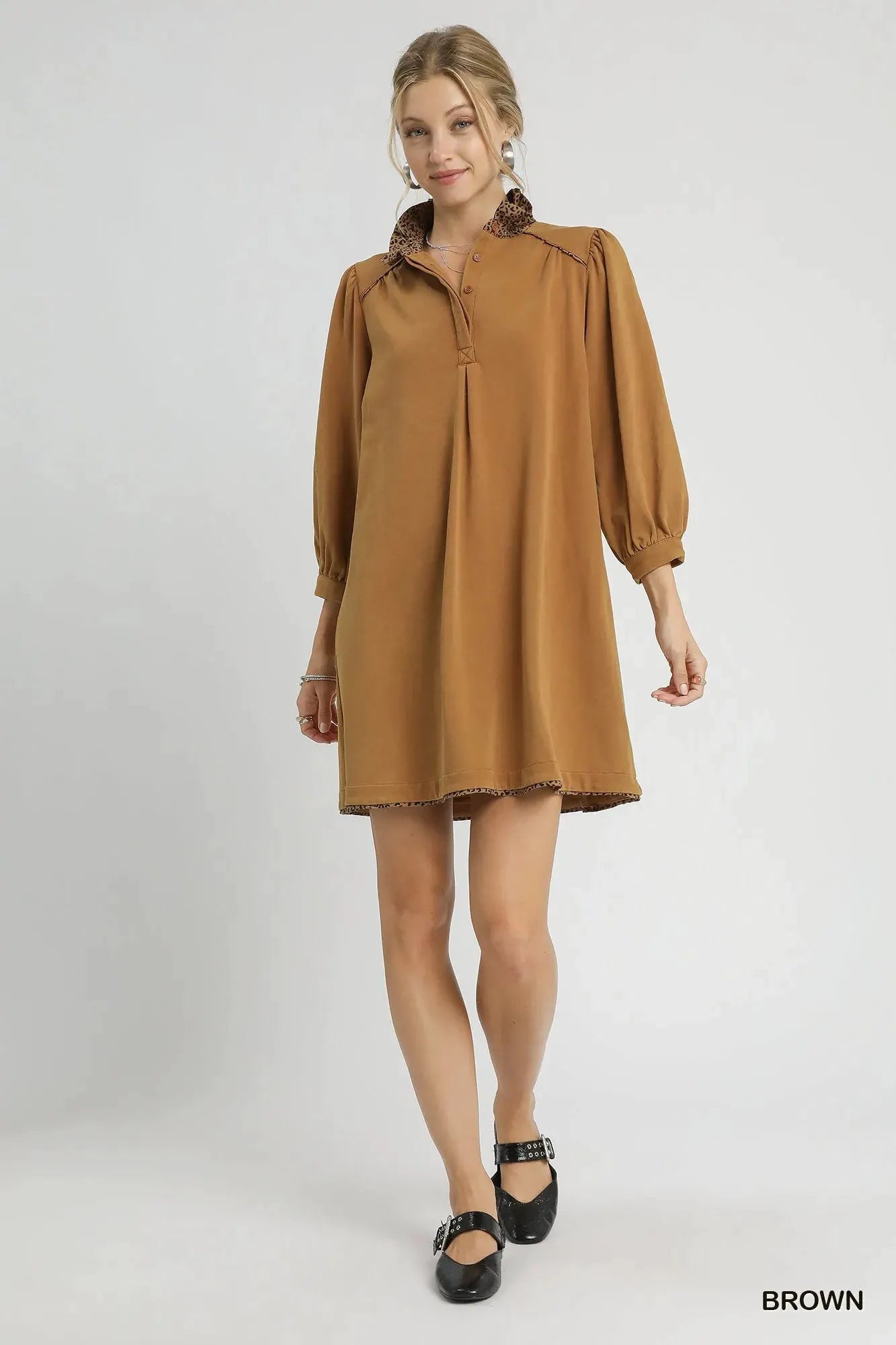 Umgee French Terry Balloon Sleeve Shift Dress with Leopard Print Detail by Umgee