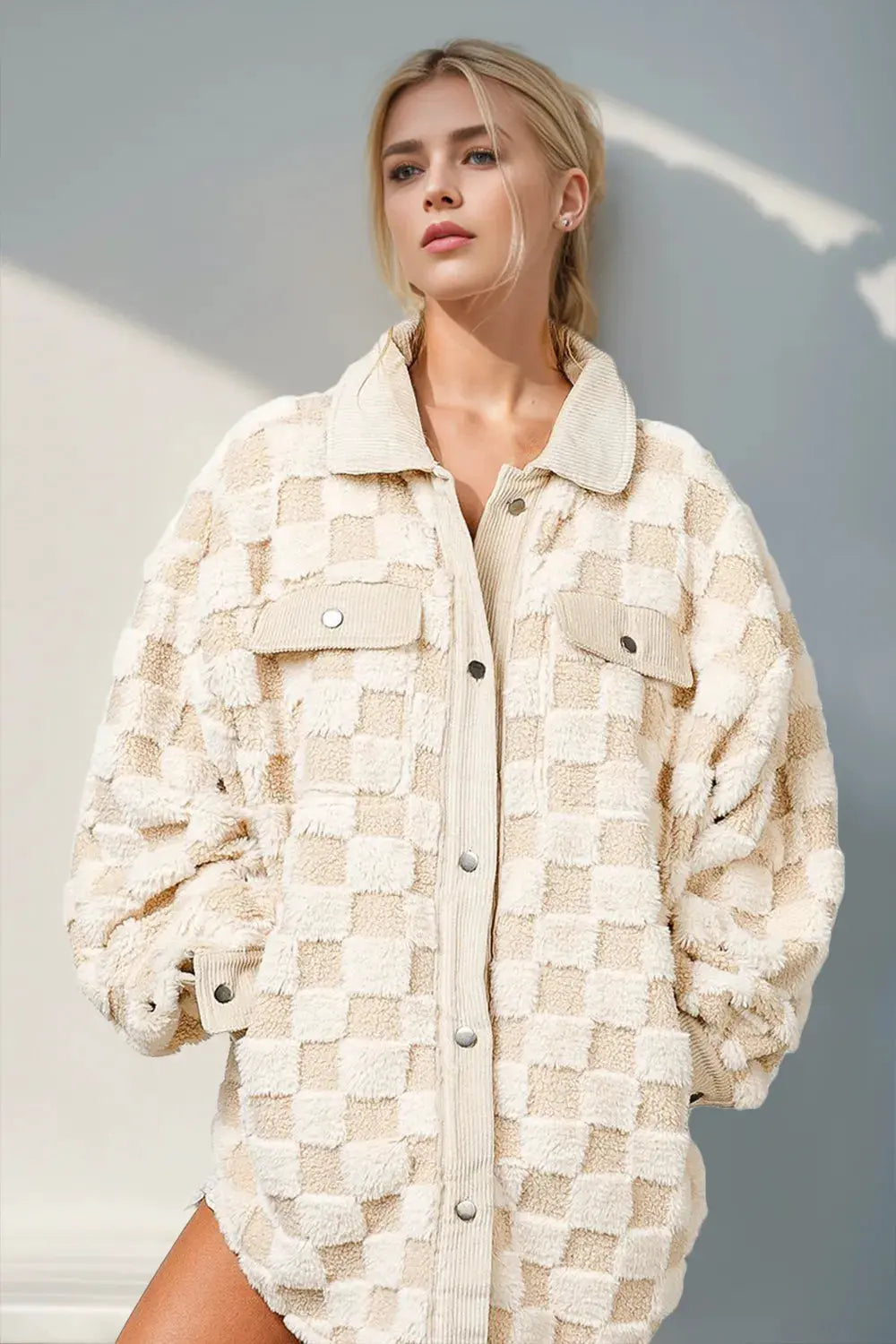 Double Take Button Up Fuzzy Checkered Shacket by Partner Label