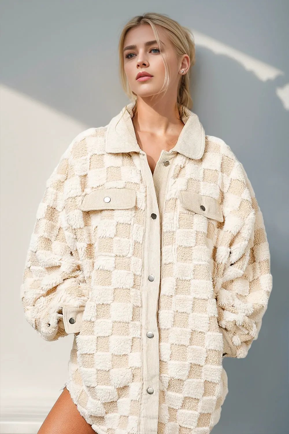 Double Take Button Up Fuzzy Checkered Shacket by Partner Label