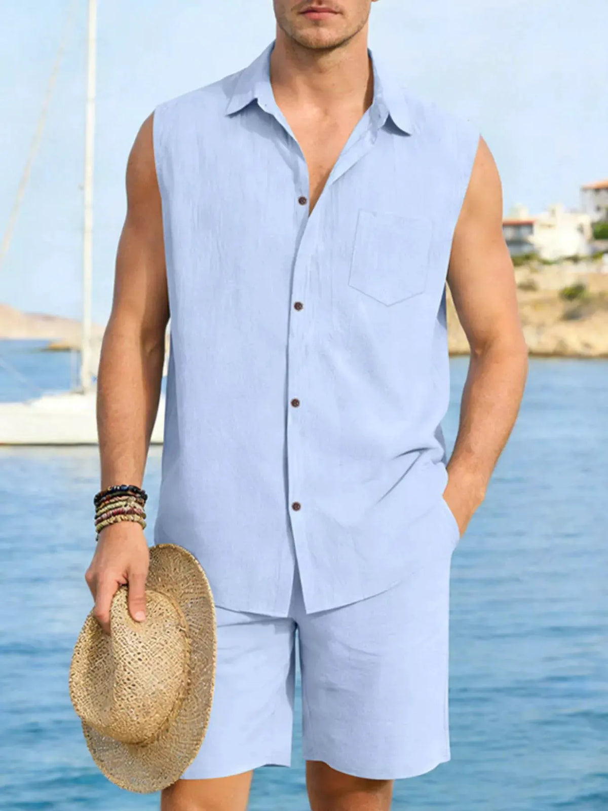 Men's Full Size Button Up Sleeveless Top and Shorts Plus Size by Trendsi