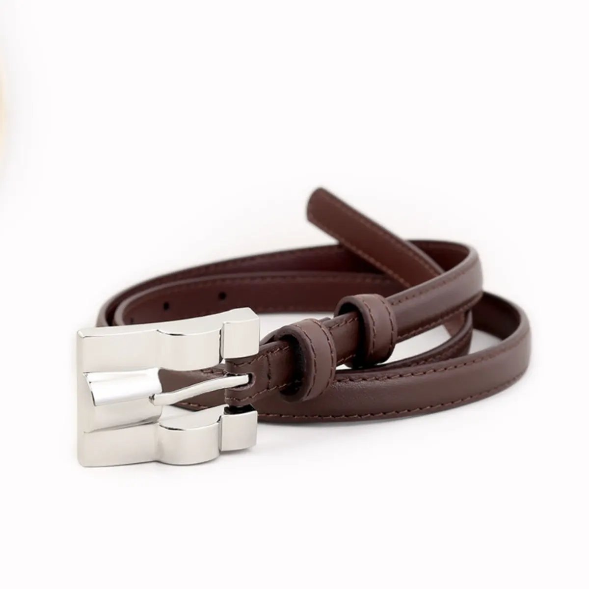 Skinny Leather Belt with Silver Buckle by Trendsi