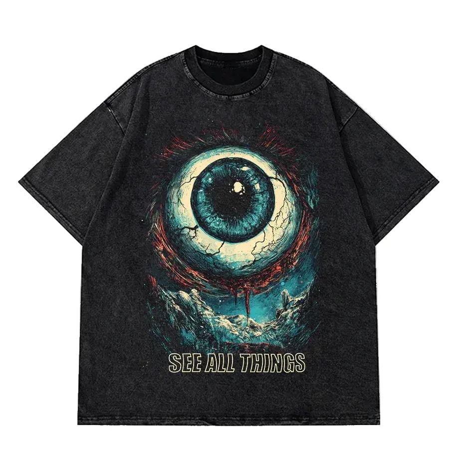 Hip Hop Retro Washed Black T-Shirt Streetwear Big Eyeball Graphic T Shirt Cotton Unisex Tshirt Men Tops Tees Dope Y2K by Vimost Shop