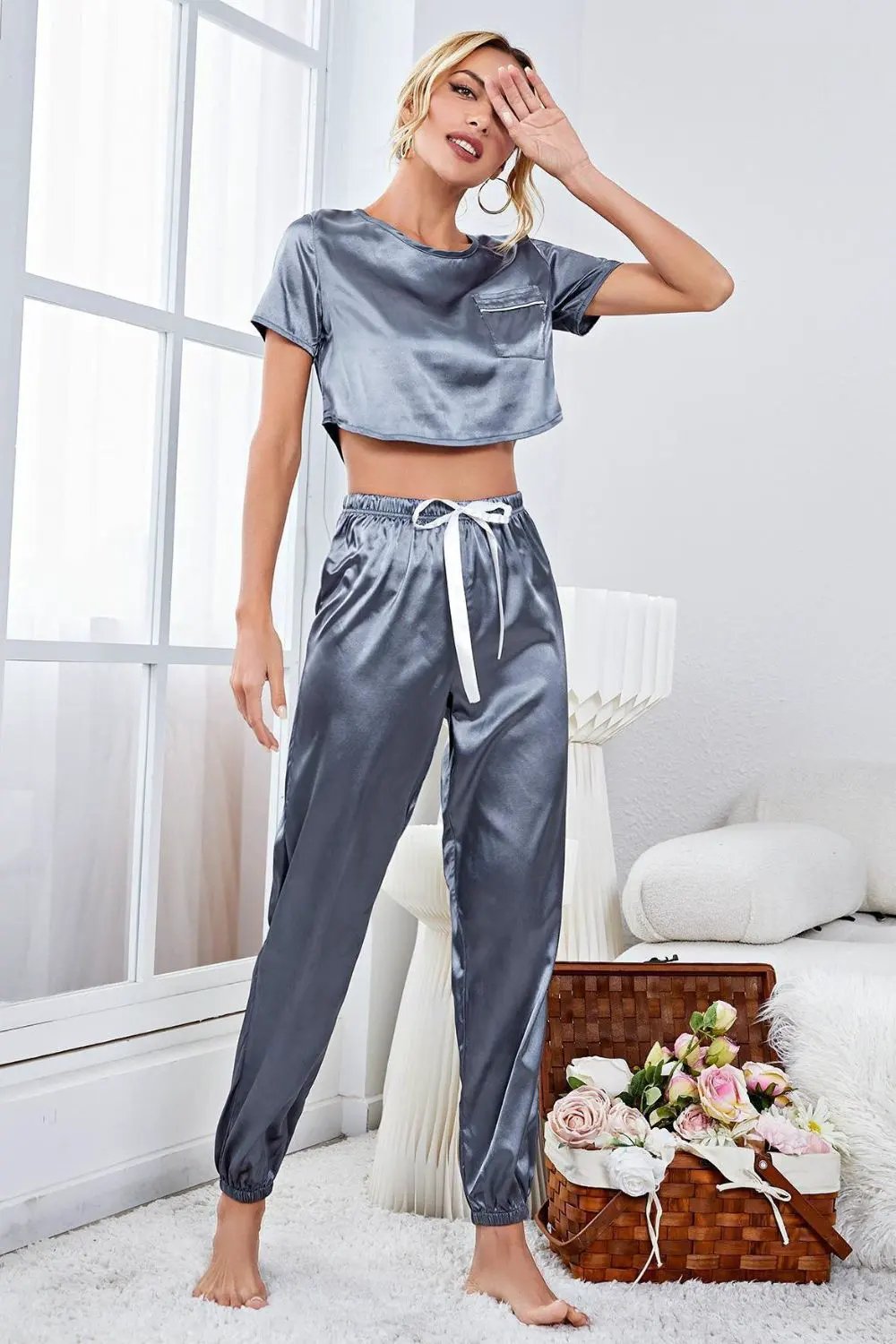 Satin Short Sleeve Crop Top and Joggers Lounge Set by Partner Label
