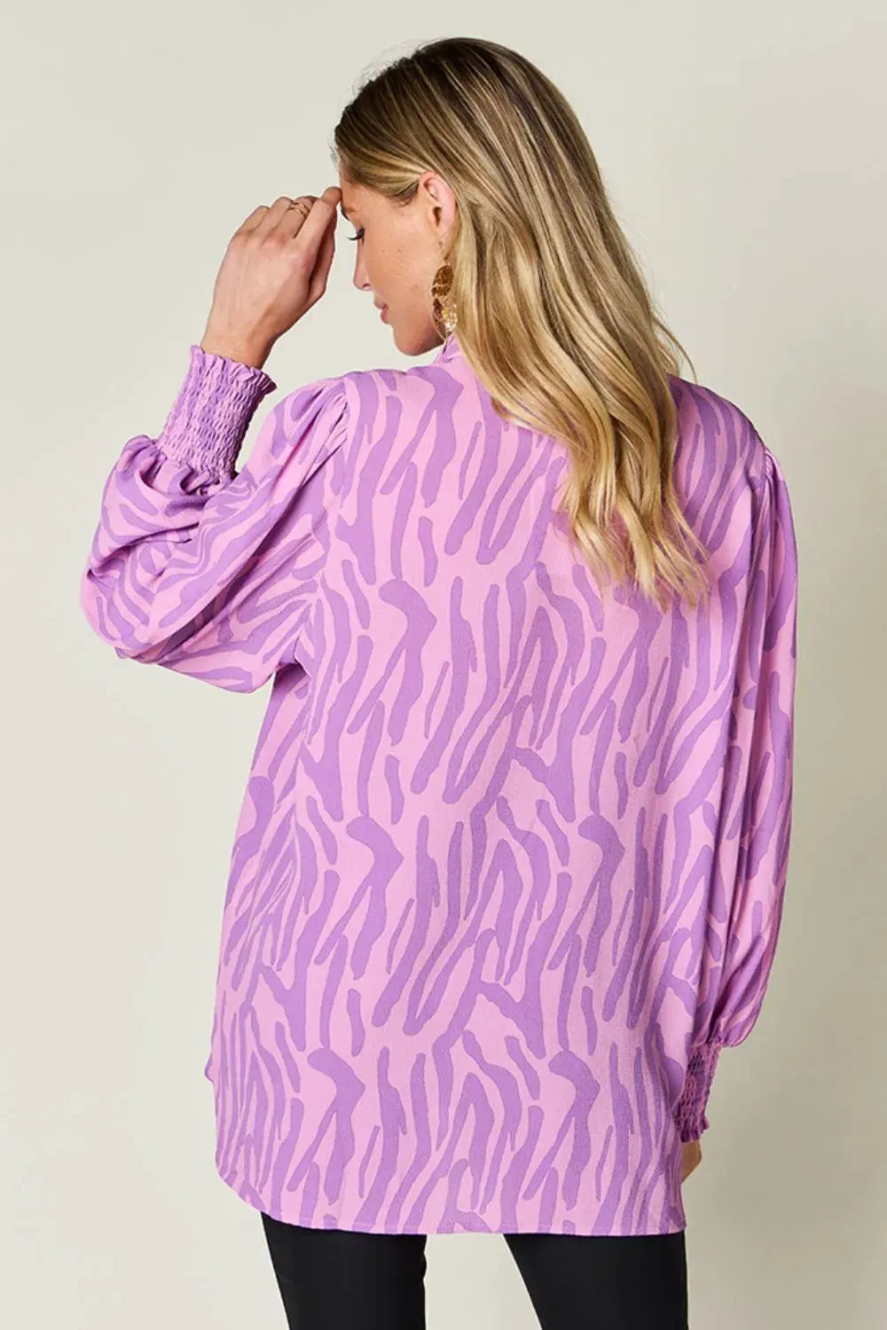 Double Take Full Size Printed Smocked Long Sleeve Blouse Plus Size by Double Take