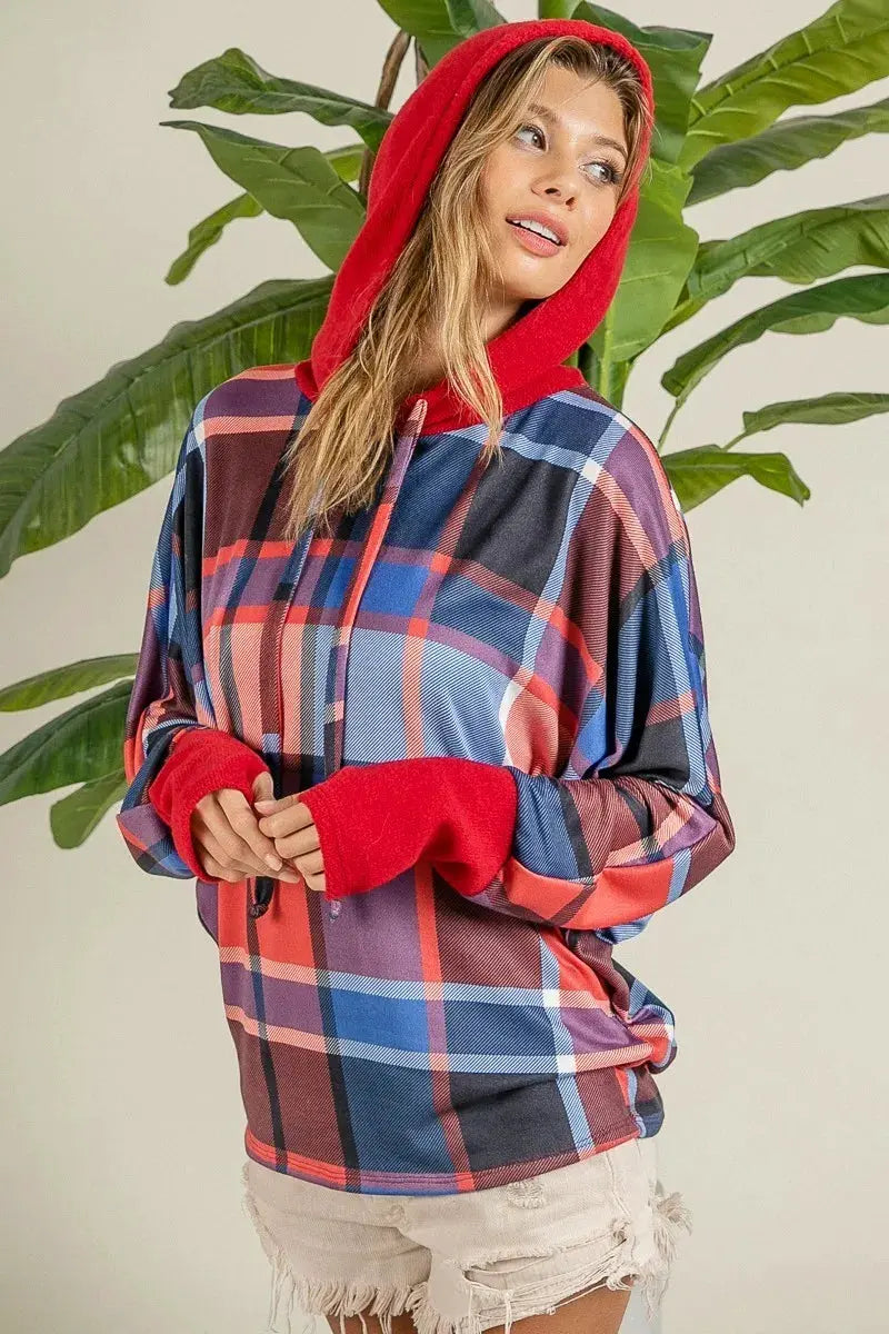 BiBi Plaid Mirr Brushed Rib Contrast Thumb Open Hoodie by BiBi