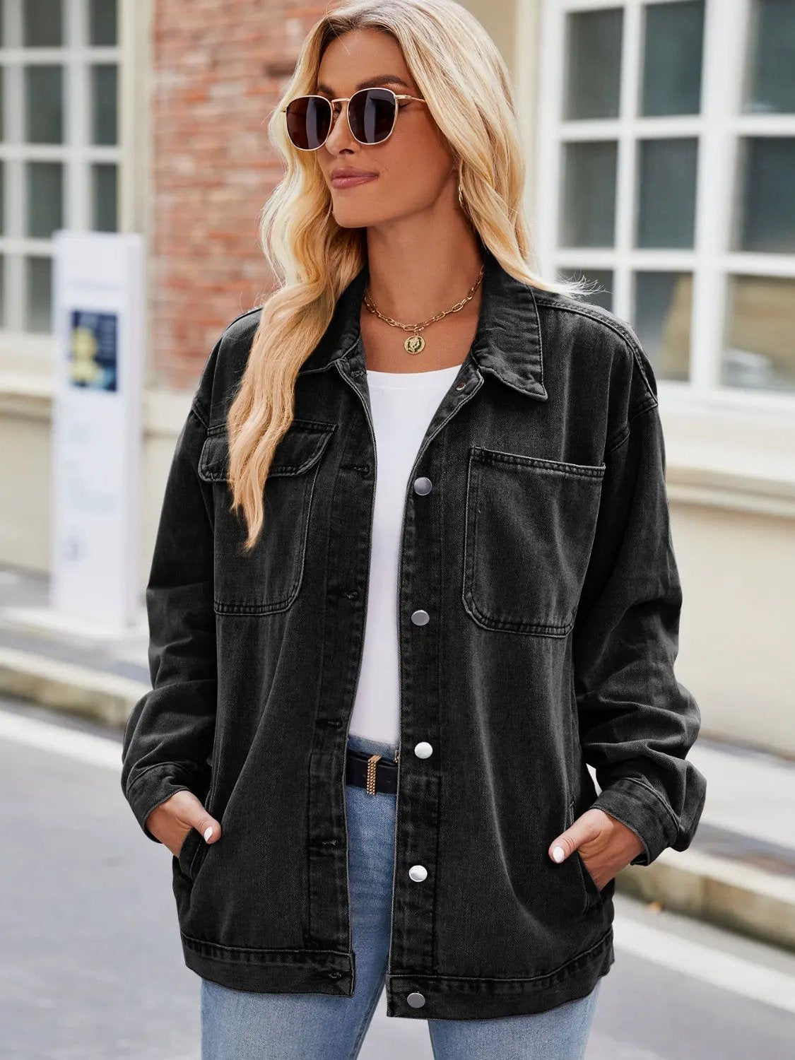 Button Up Denim Jacket with Pockets by Partner Label