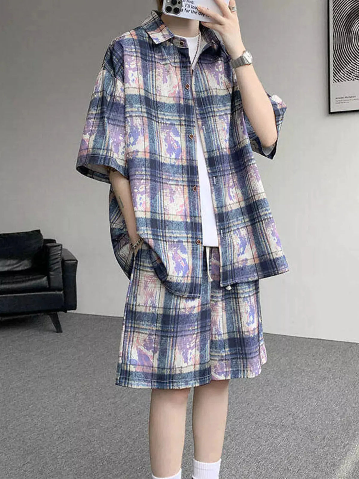 Men's Plus Size Casual Plaid Print Shirt & Shorts Set by Trendsi