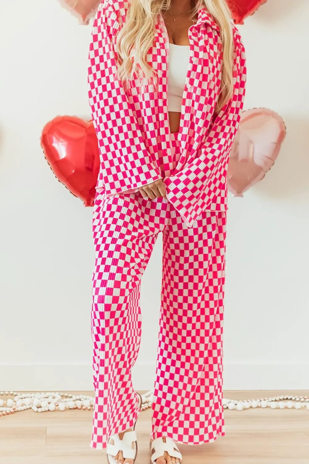 Checkerboard Print Long Sleeve Top and Pants Set by Partner Label