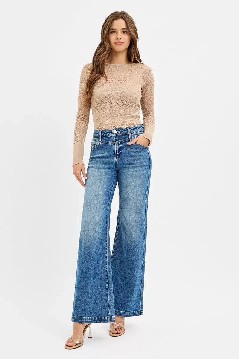 RISEN High Rise Wide Leg Jenas with Front Yoke and Heart Back Pocket by RISEN