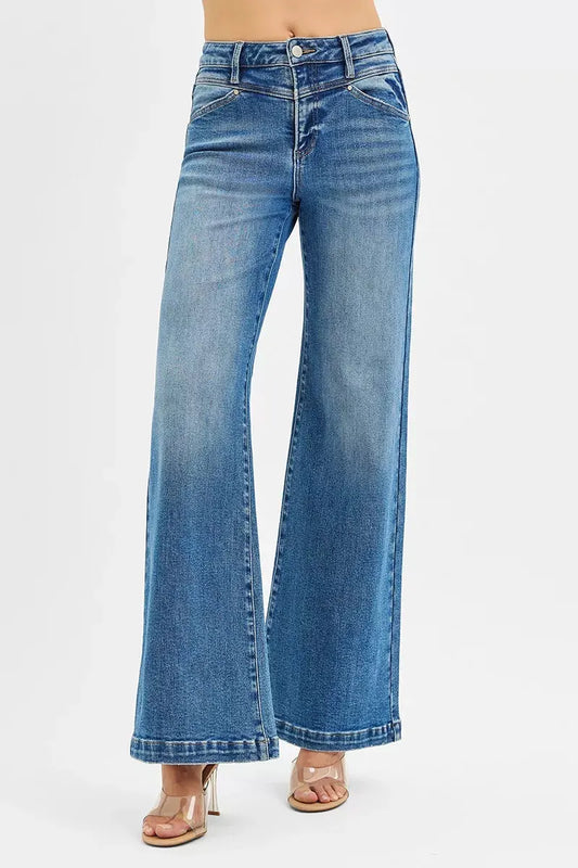 RISEN High Rise Wide Leg Jenas with Front Yoke and Heart Back Pocket by RISEN