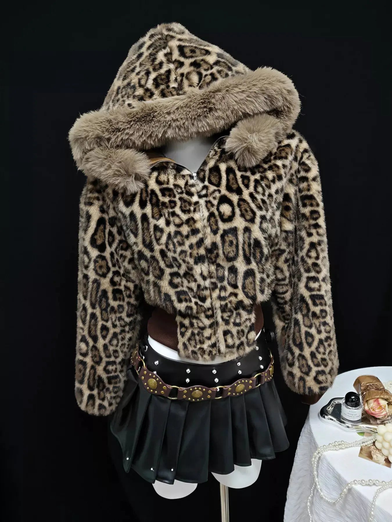 Leopard Faux Fur Hooded Outerwear by Partner Label