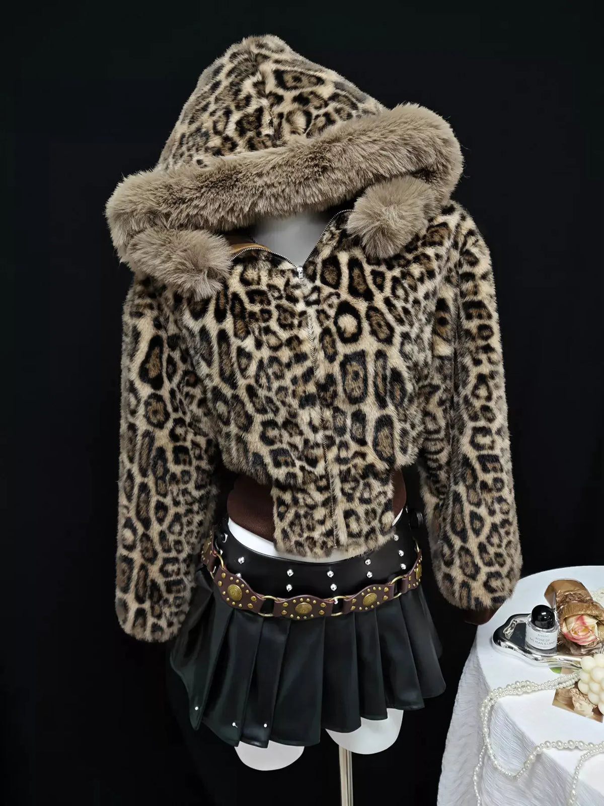 Leopard Faux Fur Hooded Outerwear by Partner Label