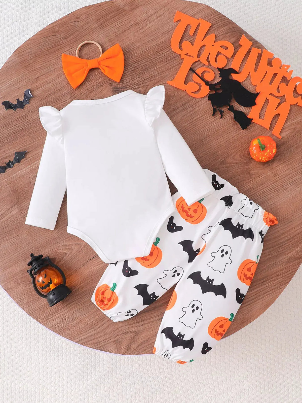 Children's Halloween Skull Print Long Sleeve Bodysuit and Pants Set with Bow Headband by Trendsi