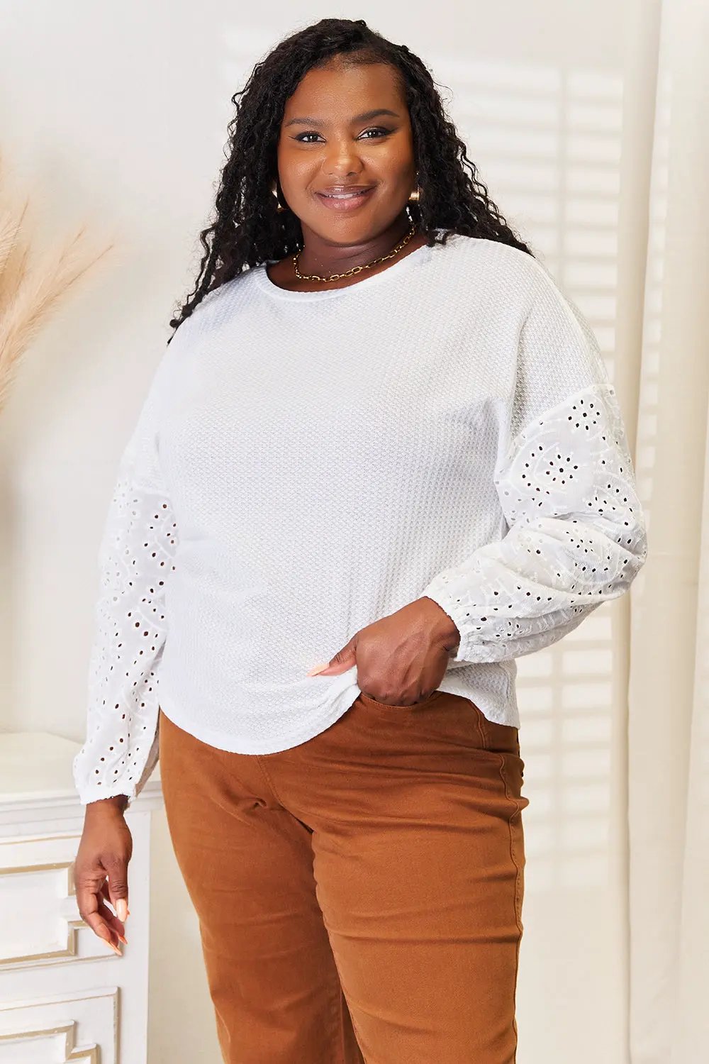 Shiny Eyelet Dropped Shoulder Round Neck Blouse by Shiny