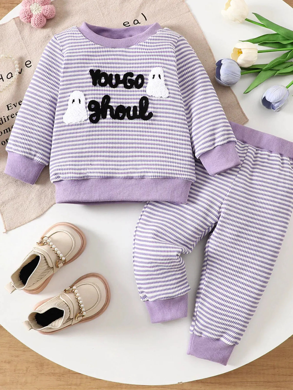 Children's Halloween Striped Ghost Top and Pants Set by Trendsi