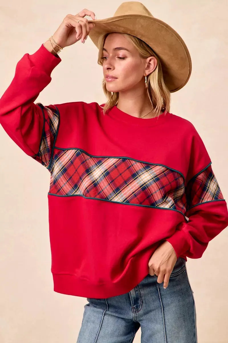 BiBi Christmas Theme Plaid Block Sweatshirt with Binding by BiBi