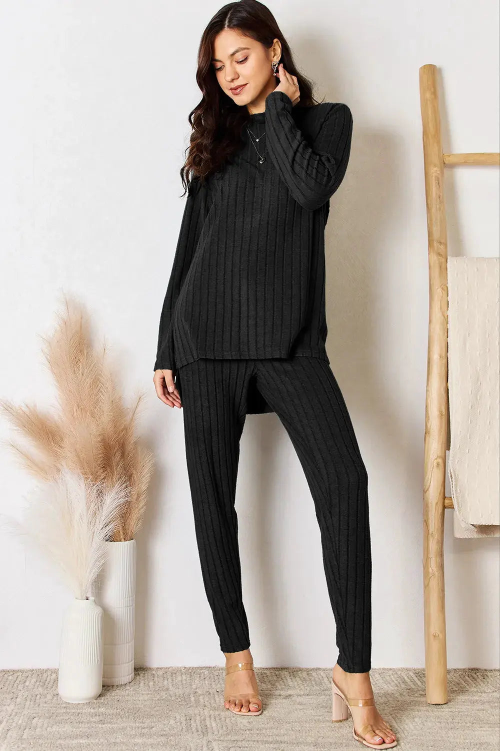 Basic Bae Full Size Ribbed Round Neck High-Low Slit Top and Pants Set by Basic Bae