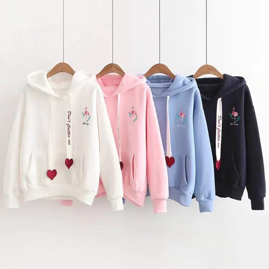 Printed And Velvet Flamingo Love Hooded Sweatshirt by Maiden-Art