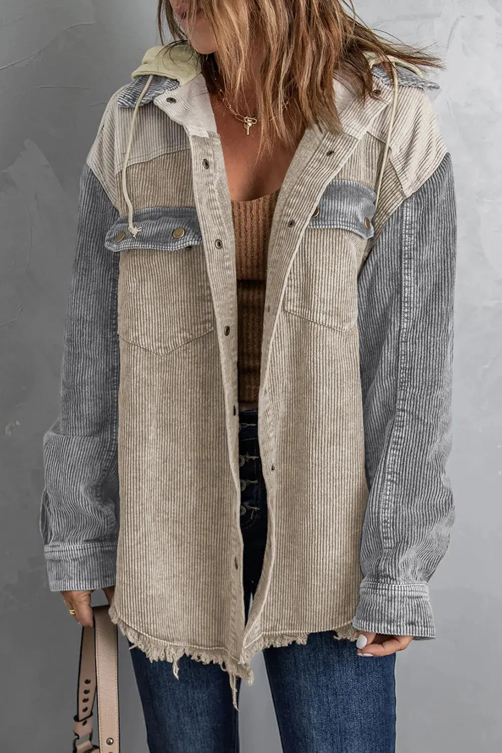Snap Front Hooded Corduroy Shacket by Partner Label