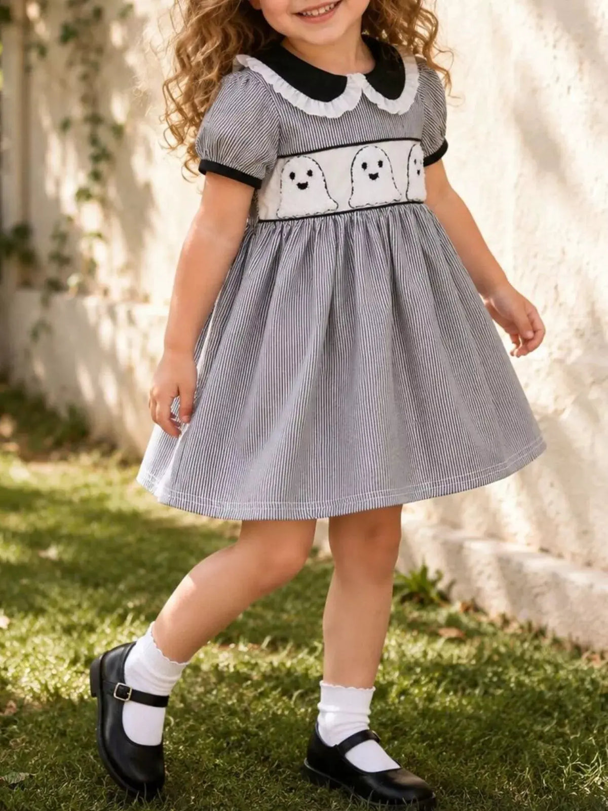 Children's Halloween Ghost Smocked Gingham Dress by Trendsi