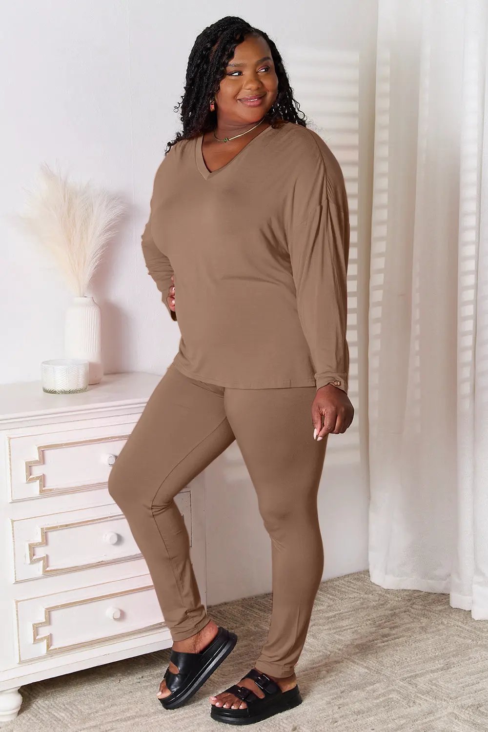 Basic Bae Full Size V-Neck Soft Rayon Long Sleeve Top and Pants Lounge Set by Basic Bae