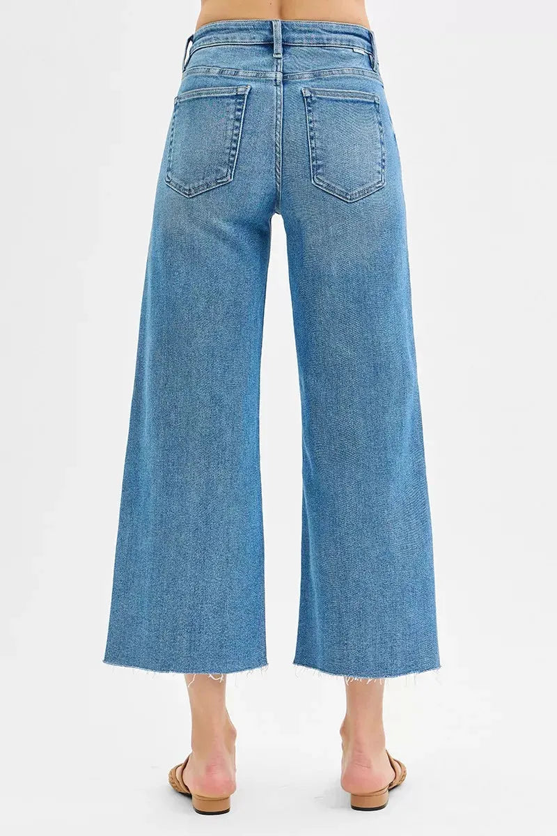 RISEN Tummy Control Mid Rise Crop Wide Front Slit Jeans by RISEN