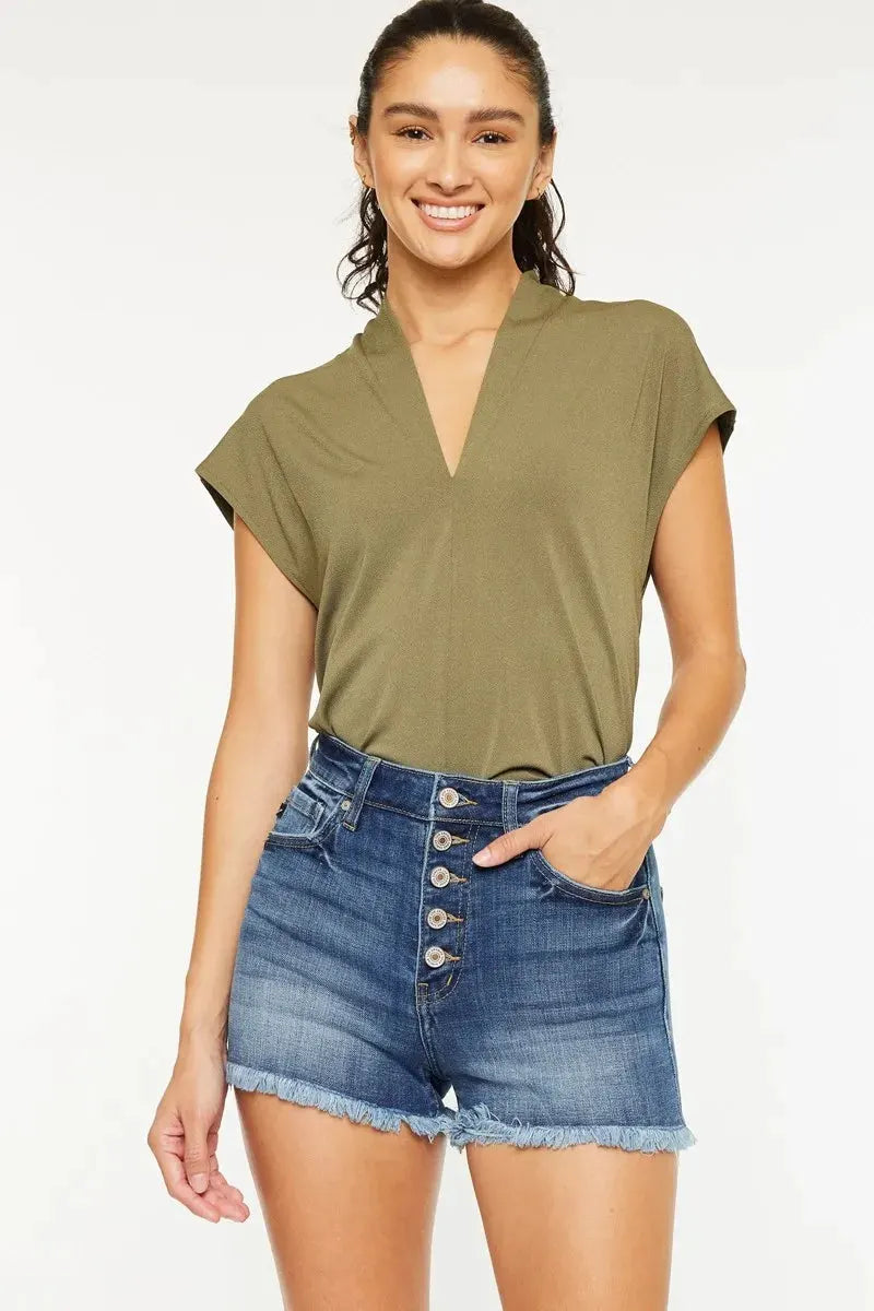 Kancan High Rise Frayed Hem Denim Shorts by Kancan